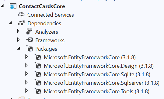 Entity Framework Core installed packages