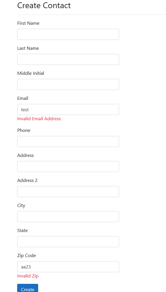 Create Form front end validation
