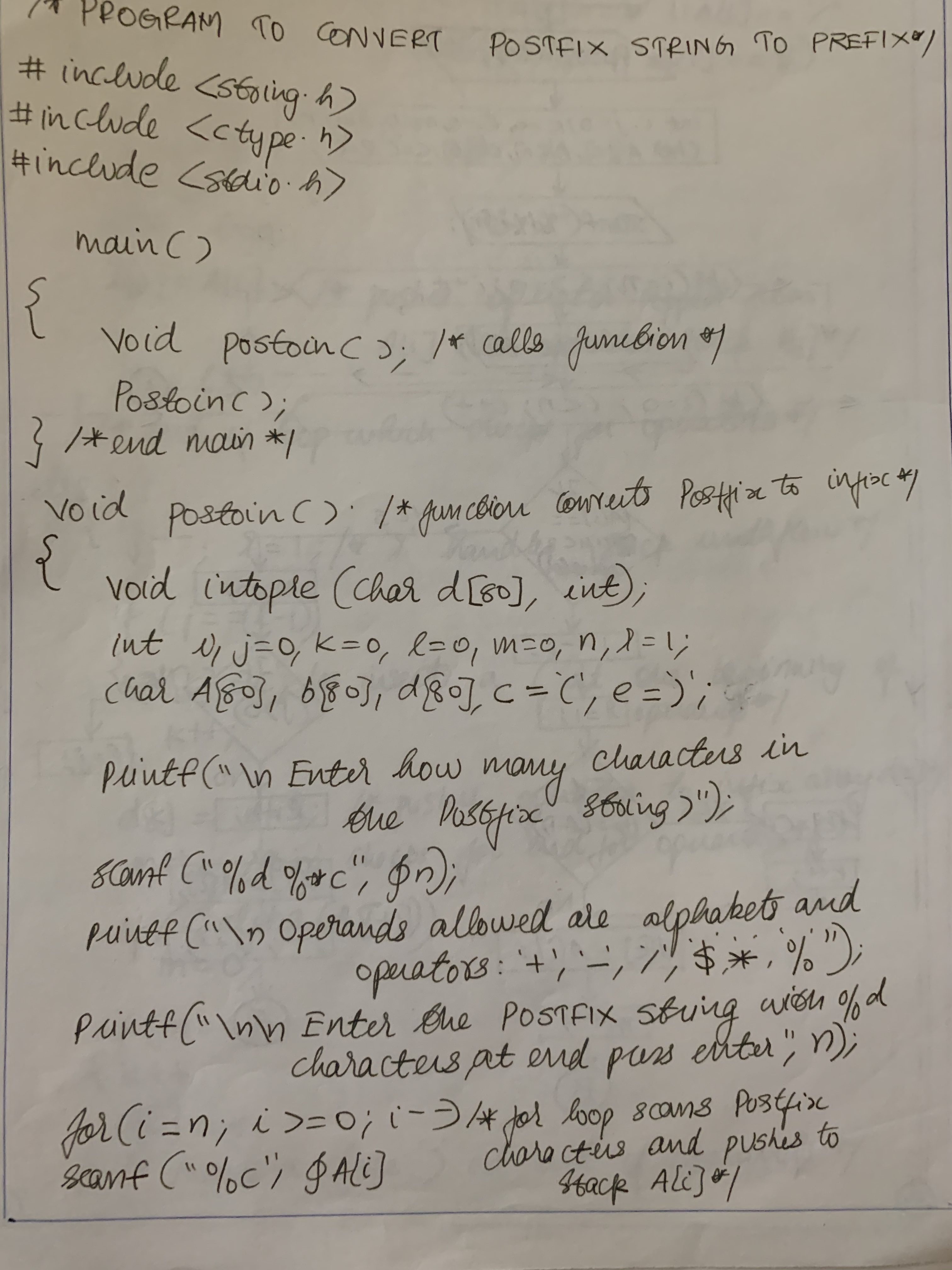 C program to convert a postfix string to prefix form