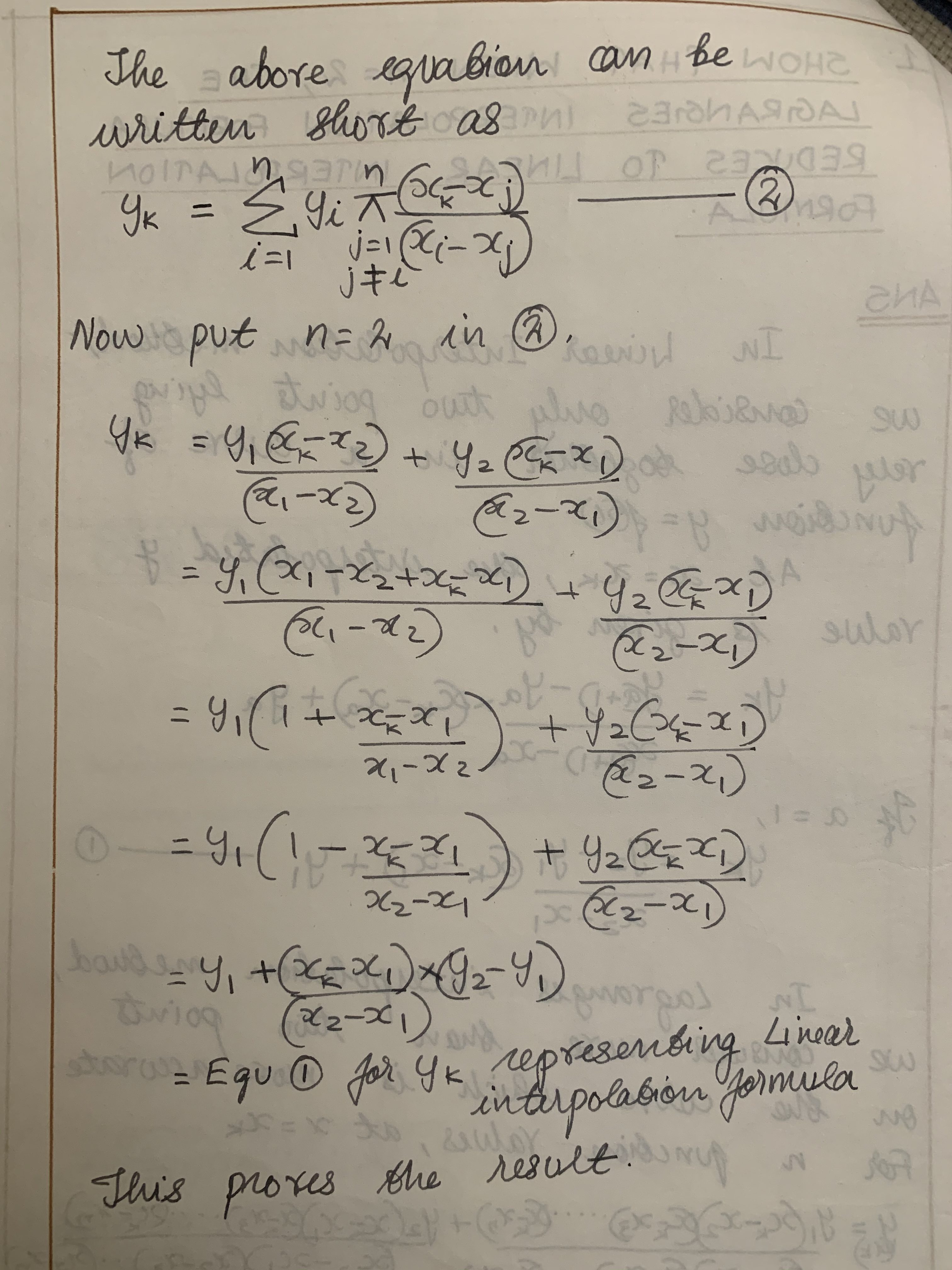 Lagranges interpolation formula to Linear interpolation