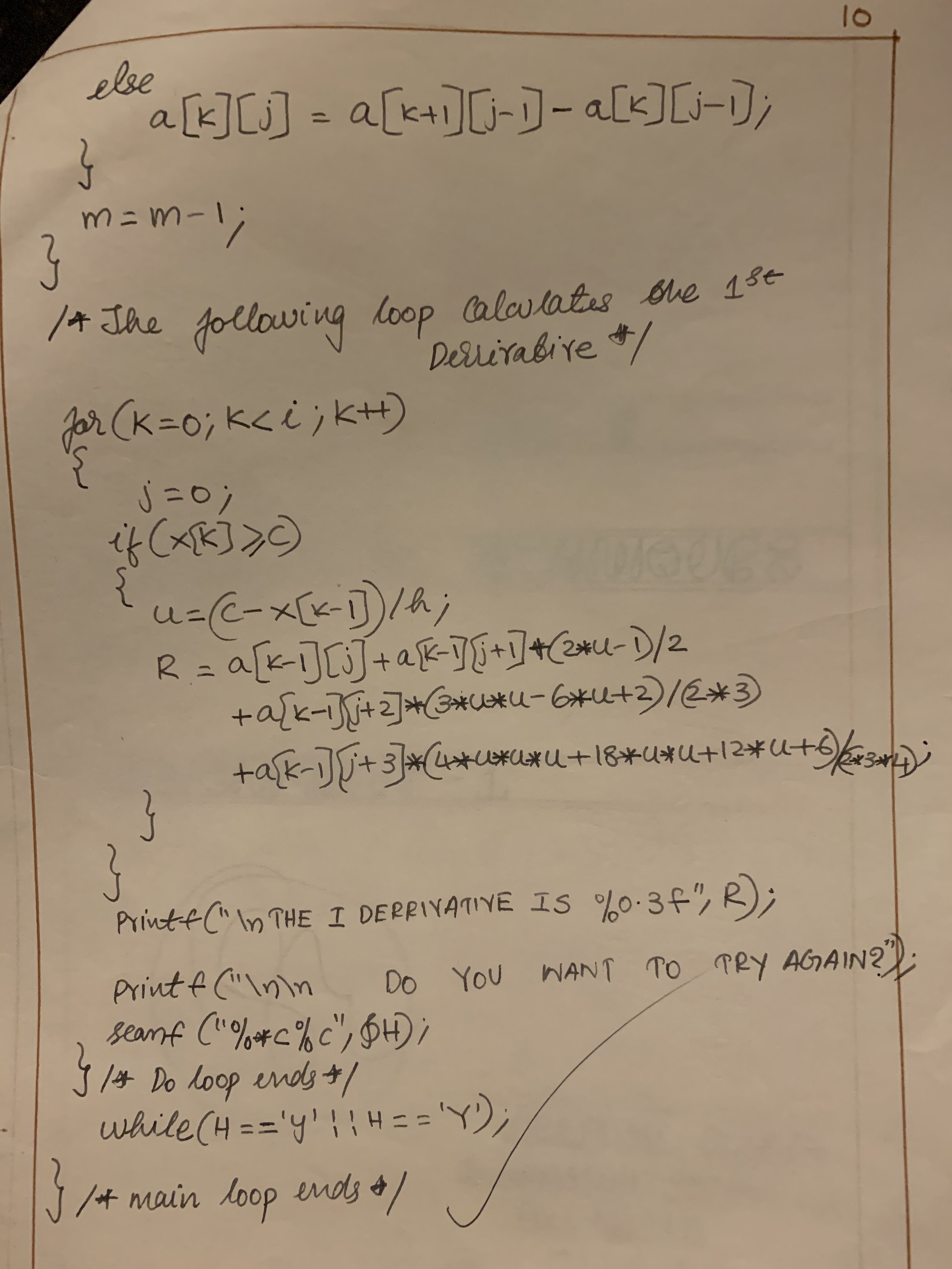 C program to evaluate the 1st derivative of a function at any given point