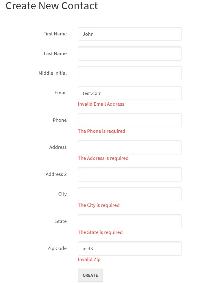 Server Side and Client Side validation errors on Create Contact Form